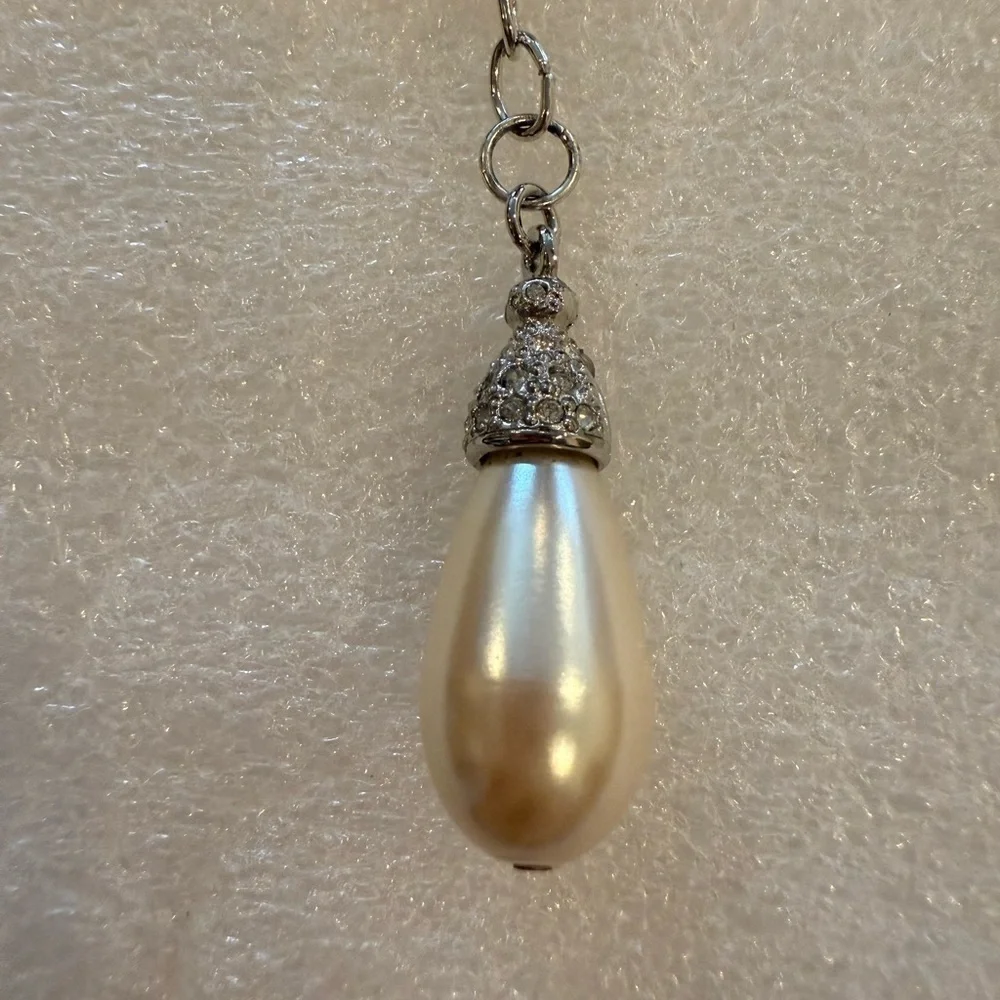 Silver Braided Skull & Pearl Keychain - Rhinestone Punk Glam Purse Charm - New